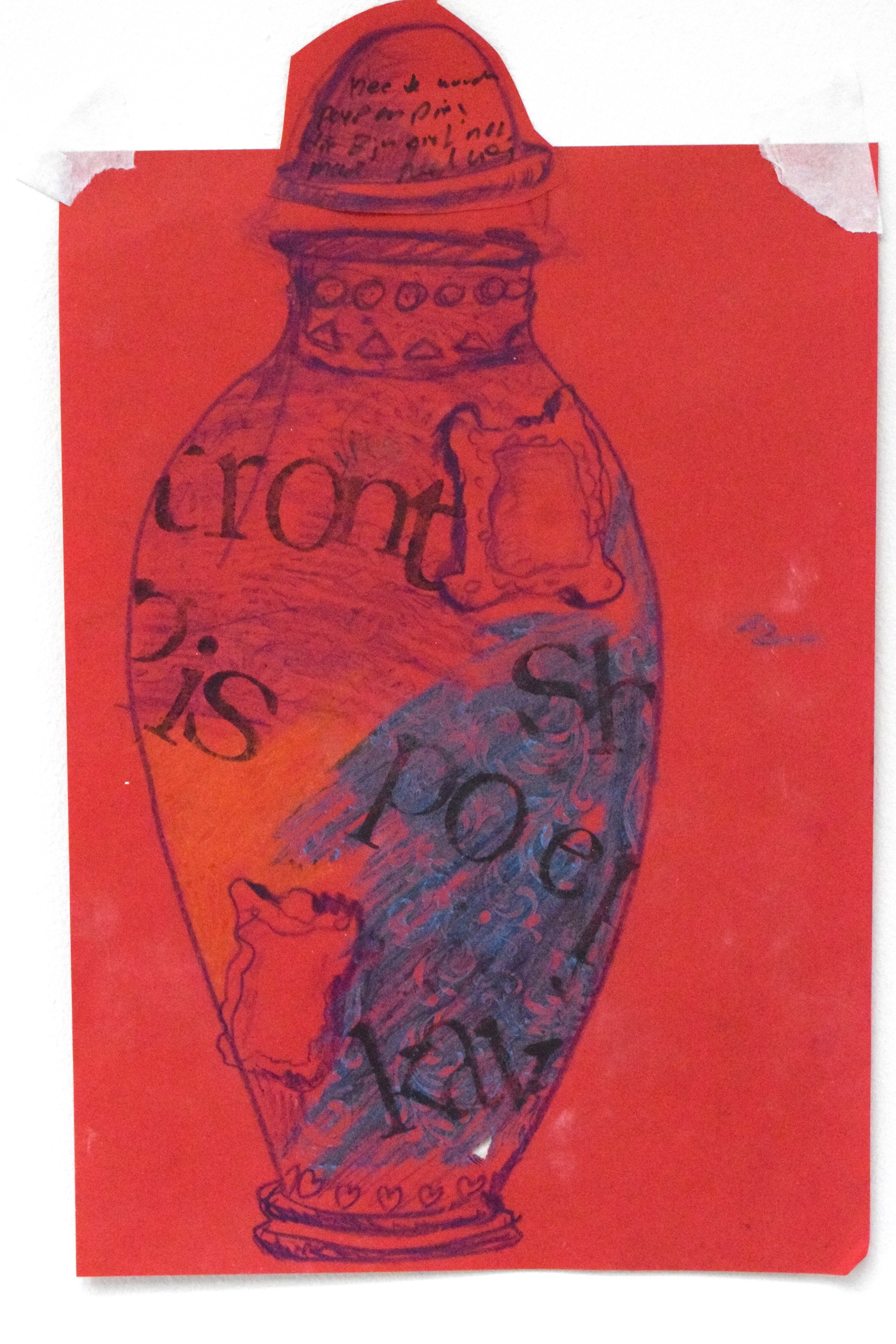 schets van een vaas met tekstfragmenten in rood